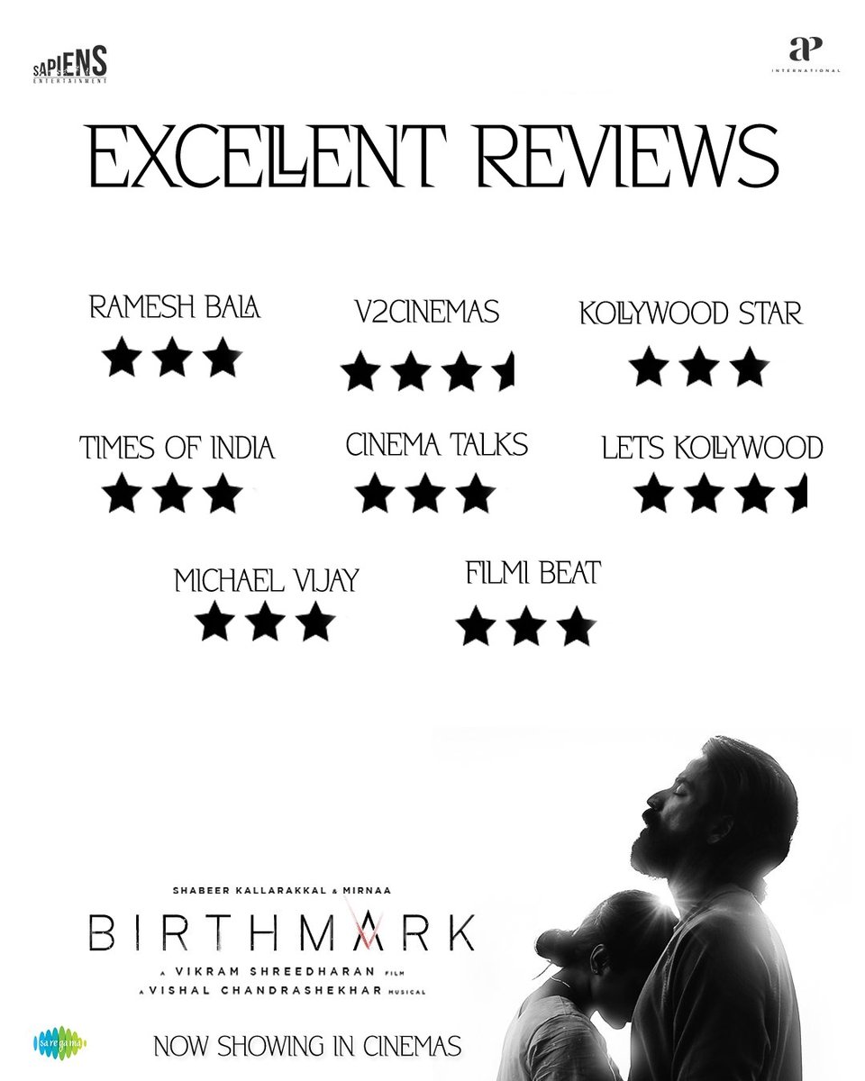 Sapiens Entertainment (@sapiens_se) on Twitter photo Critics and media are raving about #Birthmark 👏 Don't miss this gripping thriller, now showing in theaters near you 🌟
#BirthmarkInCinemas
<a href="/actorshabeer/">Shabeer Kallarakkal #dancingrose</a> <a href="/mirnaaofficial/">Mirnaa</a> <a href="/Dir_Vikramshree/">Vikram Shreedharan</a> <a href="/Sapiens_SE/">Sapiens Entertainment</a> <a href="/Sriram_1709/">Sriram Sivaraman</a> <a href="/Composer_Vishal/">Vishal Chandrashekhar</a> Critics and media are raving about #Birthmark 👏 Don't miss this gripping thriller, now showing in theaters near you 🌟
#BirthmarkInCinemas
<a href="/actorshabeer/">Shabeer Kallarakkal #dancingrose</a> <a href="/mirnaaofficial/">Mirnaa</a> <a href="/Dir_Vikramshree/">Vikram Shreedharan</a> <a href="/Sapiens_SE/">Sapiens Entertainment</a> <a href="/Sriram_1709/">Sriram Sivaraman</a> <a href="/Composer_Vishal/">Vishal Chandrashekhar</a>