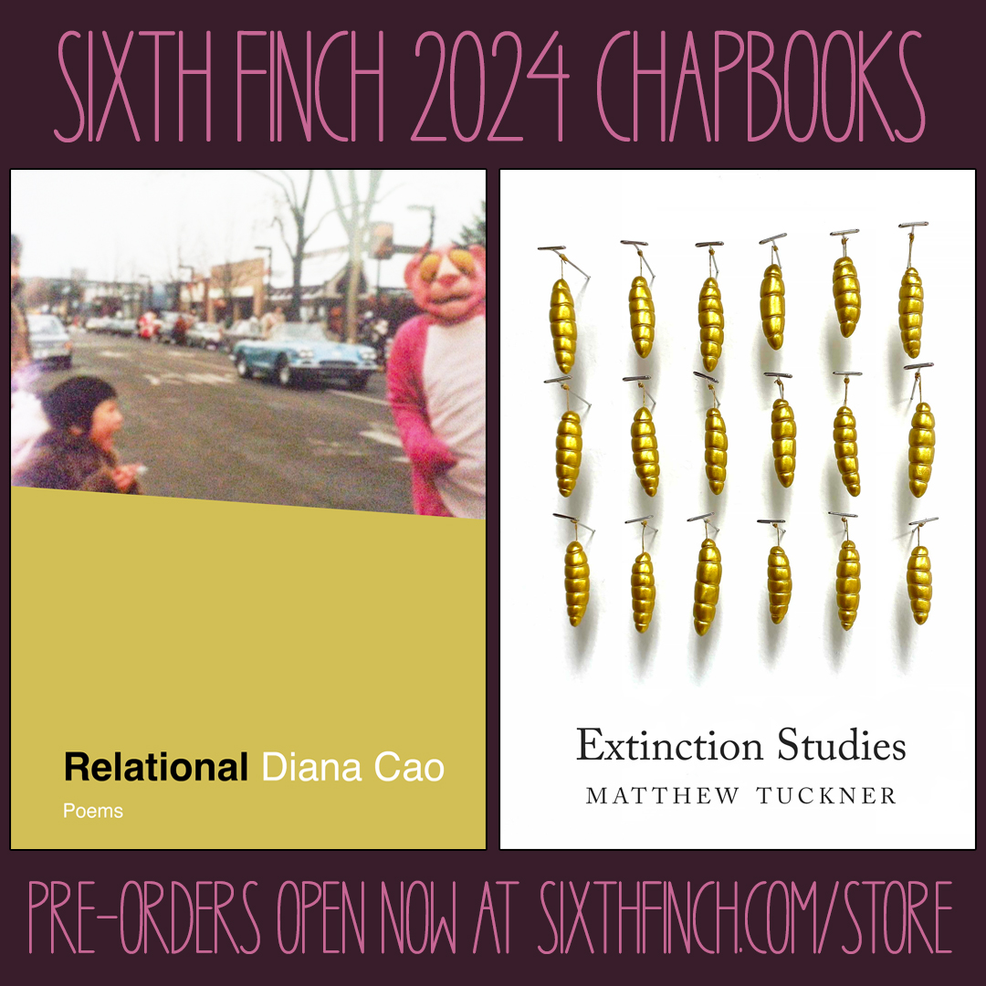 SixthFinch's tweet image. Pre-orders are open for our two newest chapbooks: "Relational" by @diana_cao and "Extinction Studies" by @tuckner_matthew. Details at sixthfinch.com/store