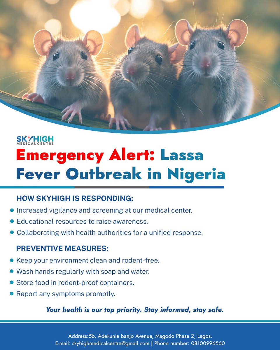 Amidst the current Lassa Fever outbreak in Nigeria, your health is our utmost concern. Stay informed, and let's navigate this challenge together.

#SkyHighMedicalCentre #LagosHospital #MagodoHospital #Hospitalinlagos #Oguduhospital
 #SkyhighCares #LassaFeverAwareness