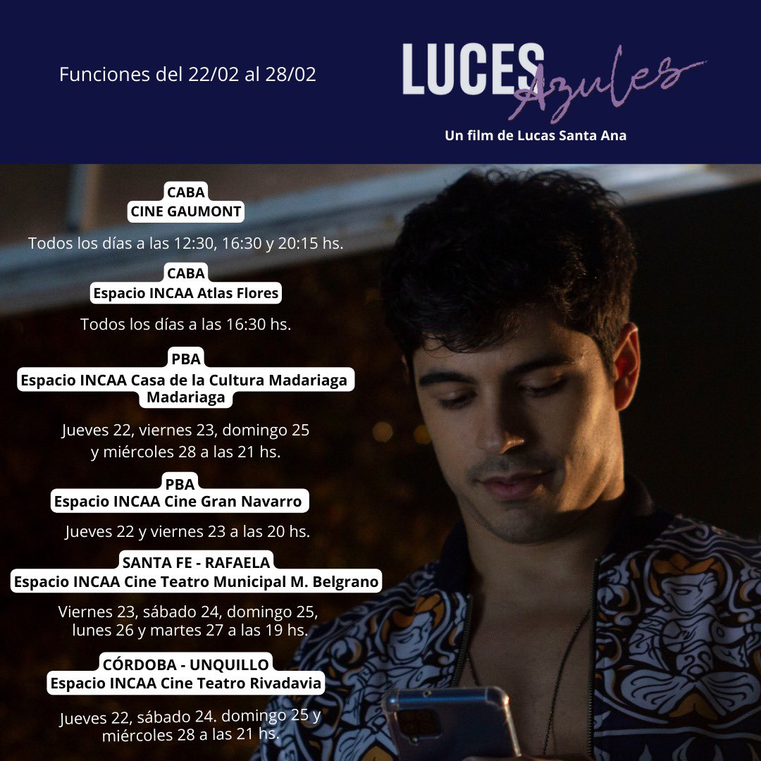🇦🇷🇦🇷🇦🇷
Fin de semana de cine 

“Luces azules” dirigida por <a href="/LucasSantaAnaOK/">Lucas Santa Ana</a> con producción de <a href="/SOMBRACINE/">Sombracine</a> y el <a href="/INCAA_Argentina/">INCAA</a> en <a href="/CineGaumont/">Cine Gaumont</a> y más salas de la ciudad de Bs As, y las provincias de Bs As, Santa Fe y Córdoba.

Apoya al cine argentino.

#LucesAzules #LaPeco 🐞