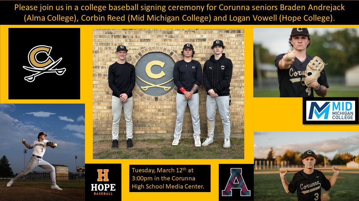 The Heartbeat of Corunna (@hbocorunna) on Twitter photo A college baseball signing ceremony for <a href="/CorunnaBaseball/">Corunna Baseball</a> seniors <a href="/bradenandrejack/">Braden Andrejack</a> <a href="/C_Reed04/">Corbin</a> & <a href="/LoganVowell6/">Logan Vowell</a> will take place at the Corunna High School Media Center on Tuesday, March 12th at 3:00 pm. Family, friends, fans and media are welcome to attend. <a href="/cav_athletics/">Corunna Athletics</a> A college baseball signing ceremony for <a href="/CorunnaBaseball/">Corunna Baseball</a> seniors <a href="/bradenandrejack/">Braden Andrejack</a> <a href="/C_Reed04/">Corbin</a> & <a href="/LoganVowell6/">Logan Vowell</a> will take place at the Corunna High School Media Center on Tuesday, March 12th at 3:00 pm. Family, friends, fans and media are welcome to attend. <a href="/cav_athletics/">Corunna Athletics</a>