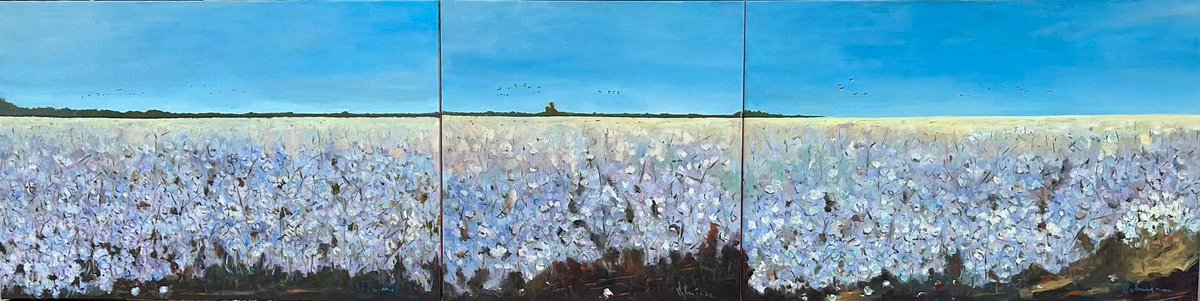 My Artfields 2024 entry The wide white cotton field 2’ x 8’ acrylic on canvas @ The Continuum, Lake City, SC from April 26 – May 4, 2024