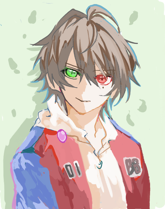 1boy male focus heterochromia solo green eyes red eyes brown hair  illustration images