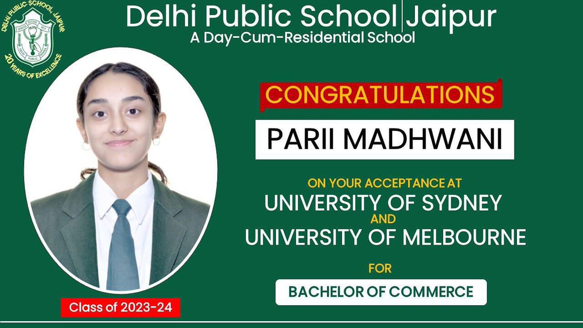 Congratulations, Parii, on your acceptance to the top global universities! We’re immensely proud of your achievement and can’t wait to see you thrive on this new journey! 

#GlobalEducation 
#SuccessStory 
#careercounselling
#collegeplacement 
#dpsjaipur 
#dps 
#dpsschools