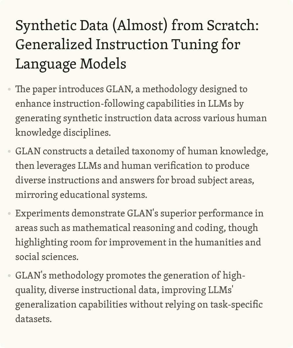 EmergentMind's tweet photo. GLAN significantly enhances LLMs' instruction-following by generating synthetic data from a pre-curated human knowledge taxonomy, showing superior performance across key domains: https://t.co/2aEYfqmUAS https://t.co/EKGX82DQm9