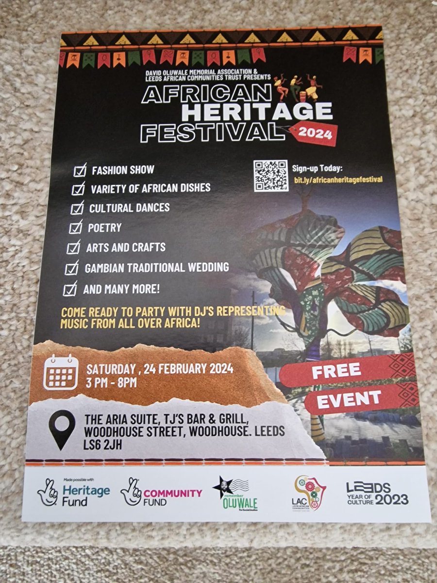 🚨 Please join us TODAY at the African Heritage Festival. It is a free event filled with dancing, singing and free african food from across the continent. Time: 3PM Address: Woodhouse St, Woodhouse, Leeds LS6 2JH