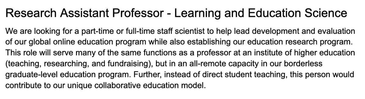 We are hiring for a Research Assistant Professor in Learning and Education Sciences! This full-time or part-time role will: - Evaluate our learning programs - Build and execute a vision for the future of online graduate level education See our website in profile for info!