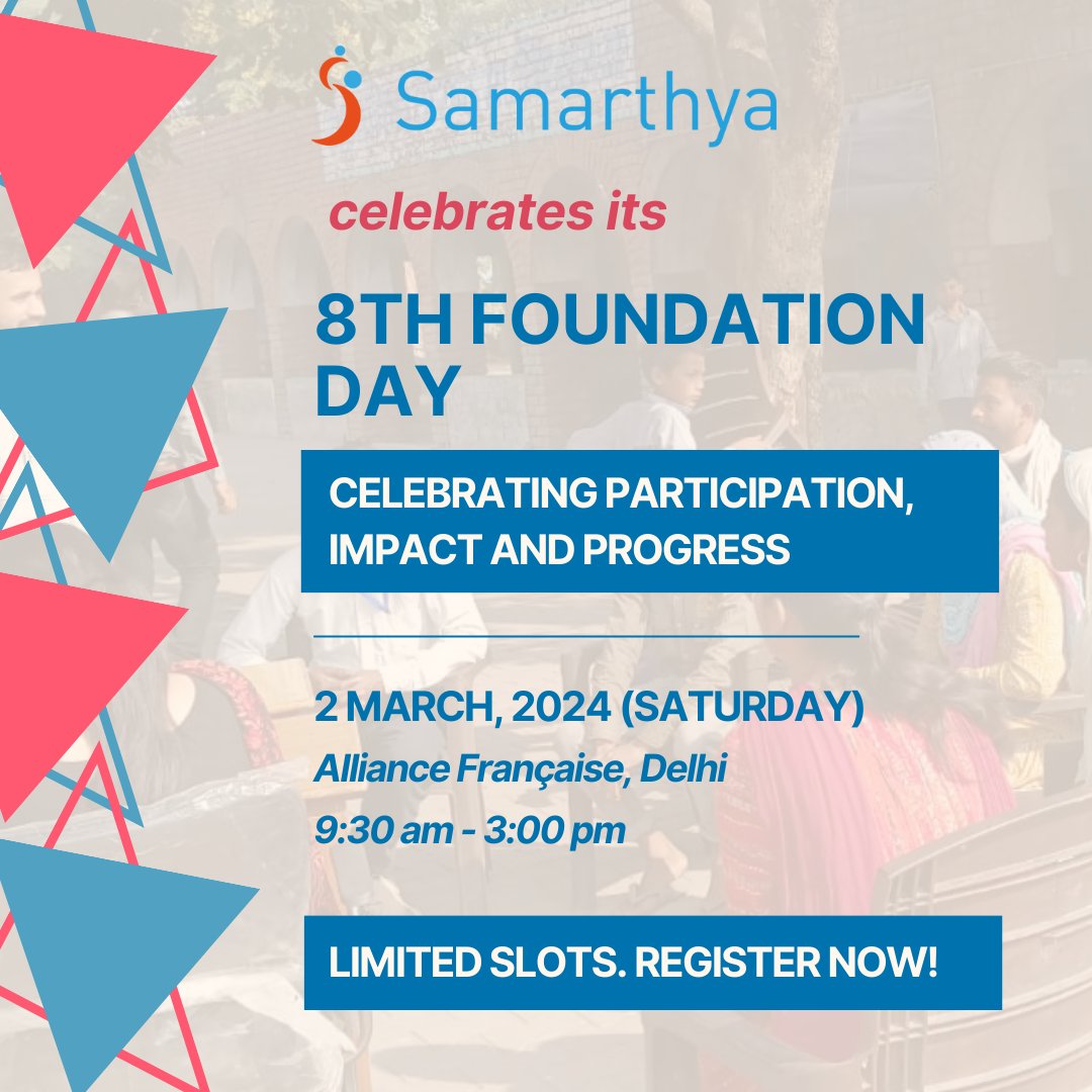 samarthya_org's tweet photo. Register now to be a part of celebrating participation, voice and agency!
Samarthya is celebrating its 8th Foundation Day on March 2nd! The event will celebrate participation through panel discussions, a street play on participation, sharing of learning and stories from our work. https://t.co/JGx0vrvejK