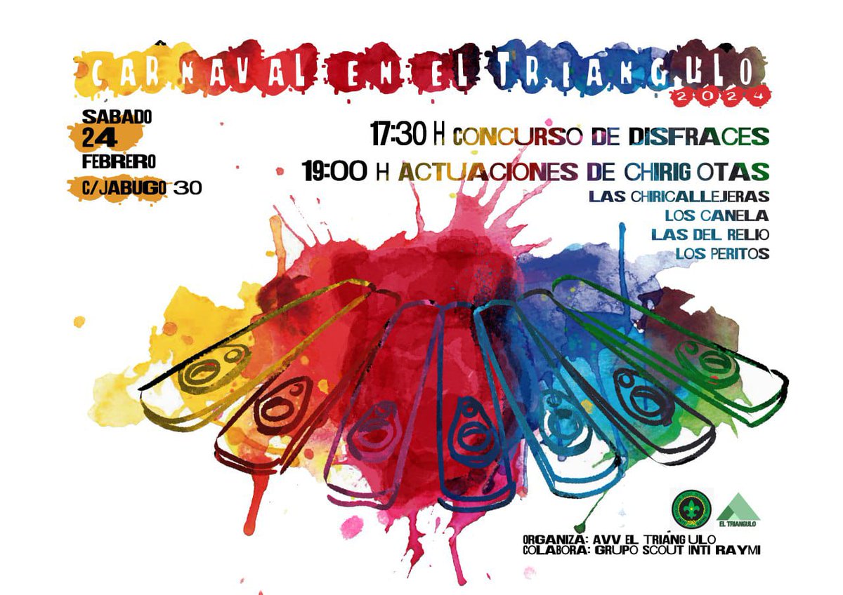🎉🥳🎉 ¡¡¡Nos vemos en un rato!!! 
Con Scouts Inti Raymi, <a href="/chiri_loscanela/">Chirigota Los Canela</a>, Chiricallejeras y <a href="/sin_luto/">Sin Ánimo De Luto</a>  #CarnavalEnElTriángulo

🎭 Disfraces a las 17.30
🕺💃 Chirigotas a las 19