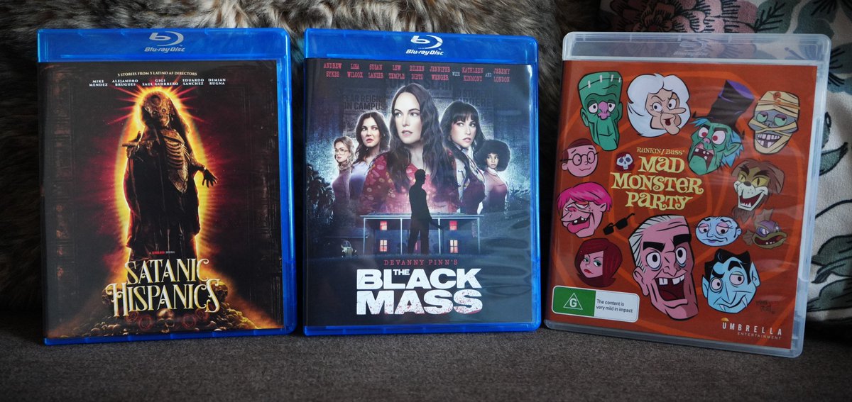 Latest delivery from @FilmTreasuresUK - I've never seen Mad Monster Party (might save for Halloween viewing), I LOVED @DevannyPinn's The Black Mass at @FrightFest last year, and I can't wait to see Satanic Hispanics from @HorrorGuerrero & Co. 💀🎬👍👍