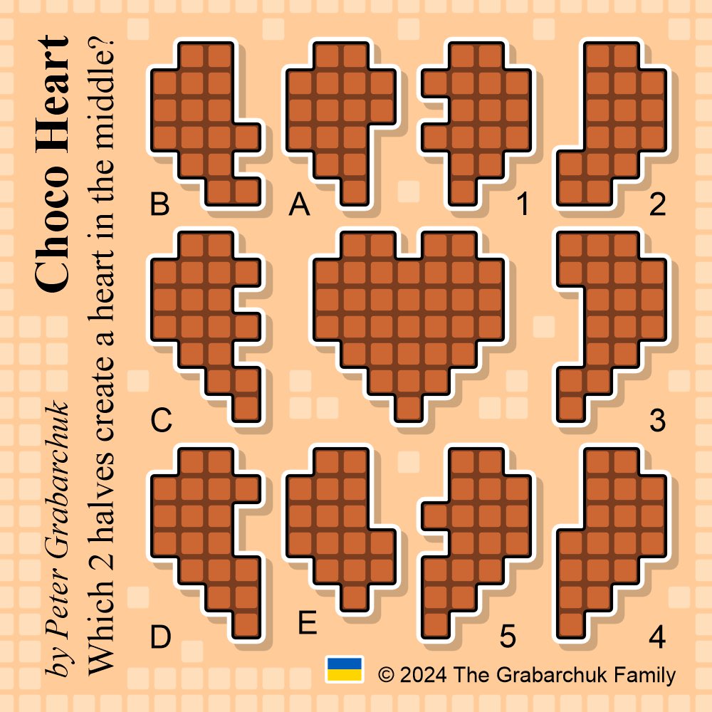 PuzzleMove's tweet photo. Choco Heart (by Peter Grabarchuk). Which 2 halves create a heart in the middle?

#ChocoHeart #Puzzle #Grabarchuk #SupportUkraine 🇺🇦

Шоколадне Серце (автор Петро Грабарчук). З яких двох половинок утворюється серце посередині? https://t.co/TypcMaSzBz
