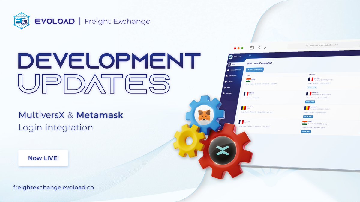 Evoload ๐ (@evoload) on Twitter photo ๐ ๏ธ It's time for another development milestone of our Freight Exchange!
<a href="/MultiversX/">Multiversแฝ</a> and <a href="/MetaMask/">MetaMask.eth ๐ฆ</a> login options are now LIVE, allowing #Web3 users to connect with their wallets. Another step towards a blockchain-integrated #logistics platform! ๐๐ฆ
๐ freightexchange.evoload.co ๐ ๏ธ It's time for another development milestone of our Freight Exchange!
<a href="/MultiversX/">Multiversแฝ</a> and <a href="/MetaMask/">MetaMask.eth ๐ฆ</a> login options are now LIVE, allowing #Web3 users to connect with their wallets. Another step towards a blockchain-integrated #logistics platform! ๐๐ฆ
๐ freightexchange.evoload.co