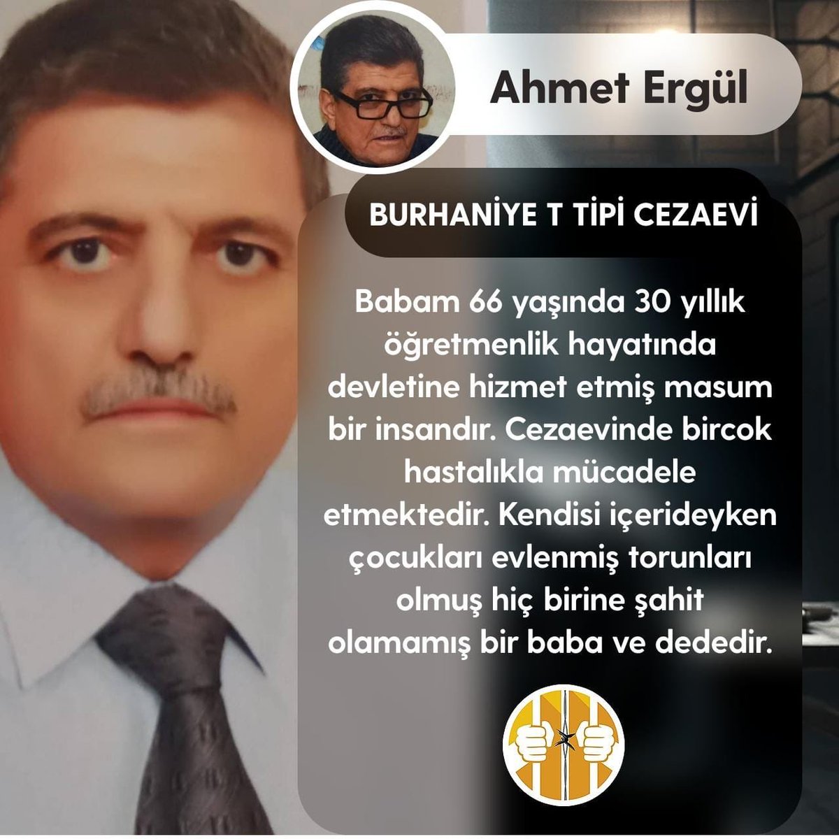 Ahmet Ergül, çocuklarımızı emanet ettiğimiz nezaket abidesi bir öğretmendi.
Önce ihraç ettiniz.
Sonra tutukladınız ve 7 yıldır hapiste.
Cezası bitmesine rağmen tahliye etmiyorsunuz.
Çocuklarınızın yüzüne nasıl bakabiliyorsunuz?
<a href="/yilmaztunc/">Yılmaz TUNÇ</a>
#BeratKandili
AhmetErgülün EsaretiBitsin
