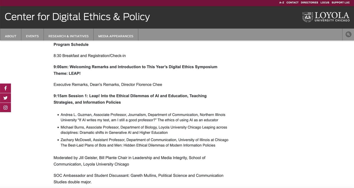 Center for Digital Ethics and Policy (CDEP) (@digethics) on Twitter photo Planning on coming to our Digital Ethics Symposium on March 14th, online or in-person? Registration is now OPEN and spots are filling up quickly! Check out the schedule and register! See you there on 3/14 😊
luc.edu/digitalethics/…
<a href="/Loyola_SOC/">Loyola University Chicago School of Communication</a> <a href="/LoyolaChicago/">Loyola University Chicago</a> Planning on coming to our Digital Ethics Symposium on March 14th, online or in-person? Registration is now OPEN and spots are filling up quickly! Check out the schedule and register! See you there on 3/14 😊
luc.edu/digitalethics/…
<a href="/Loyola_SOC/">Loyola University Chicago School of Communication</a> <a href="/LoyolaChicago/">Loyola University Chicago</a>