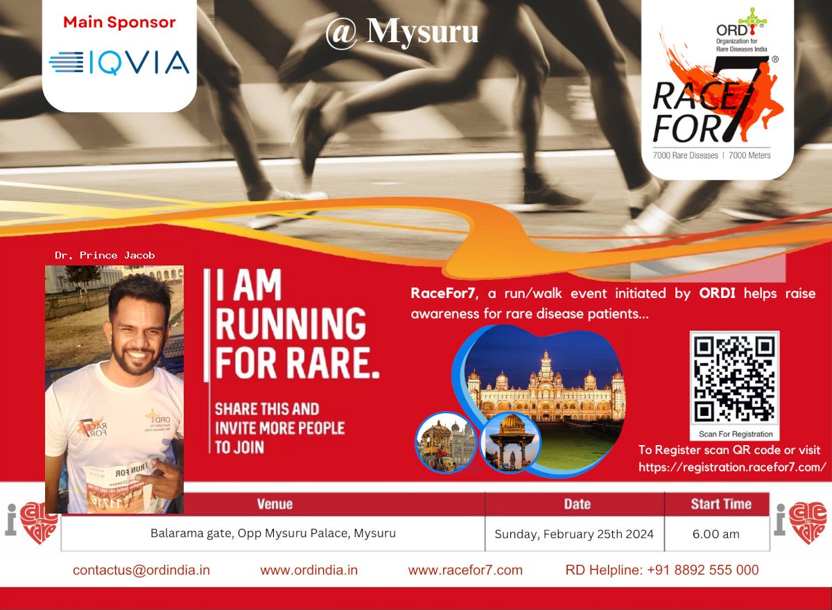 Running for a cause! To spread awareness about rare diseases! Join us!
#Runforrare #ORDI #Racefor7 #Mysuru