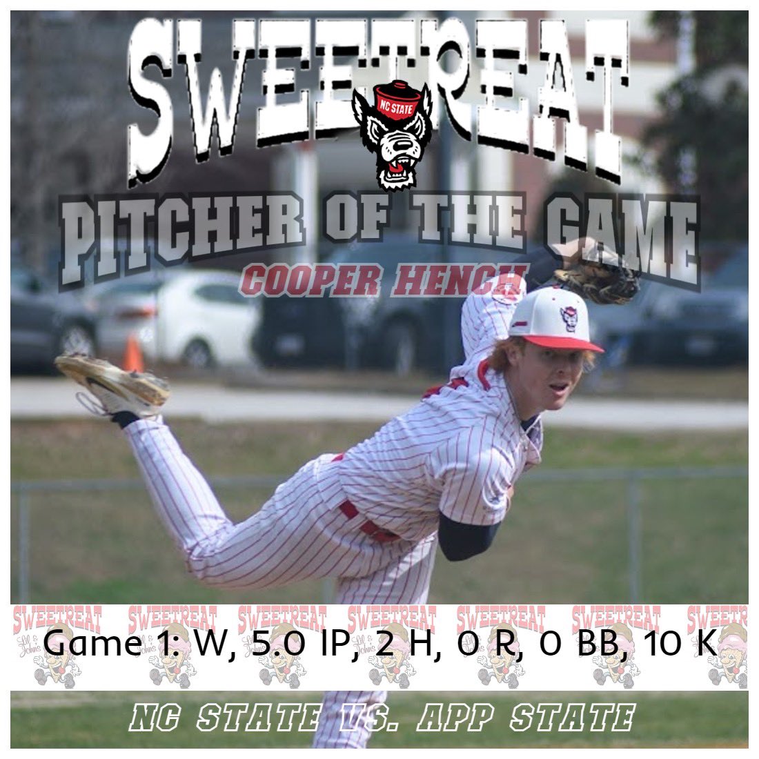 NCSUCBB's tweet photo. The Pack win big in game 1! Cooper Hench was unconscious in 5 innings striking out 10. Jake Montgomery dominates at the plate as Garrett Langdon also adds in 3 hits. https://t.co/VDSRUFIz7I