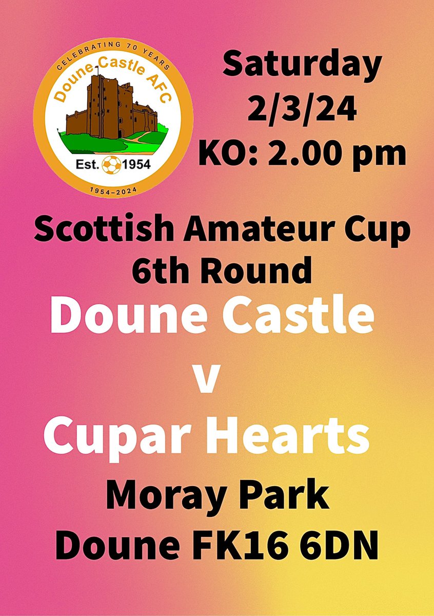 Scottish Amateur Cup action again at Moray Park next Saturday when we welcome the holders, Cupar Hearts. Please get along & support the Castle! 🧡🖤🏰🖤🧡 @ScotAmFA @DreweryEmma @Normansalmoni @Joinery71 @sportstherapysc @RGGRoofing @scotfootfixs @CaledonianAFA @OnlySportLTD1