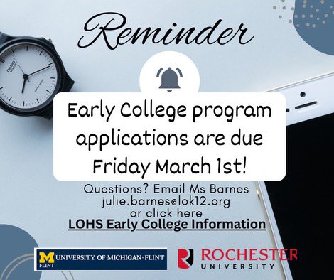 Rosa Everitt (@rosaaeveritt) on Twitter photo Attention <a href="/LkOrionHS/">Lake Orion High School</a> Dragons! Don’t forget, your Early Middle College Applications are due March 1st! Attention <a href="/LkOrionHS/">Lake Orion High School</a> Dragons! Don’t forget, your Early Middle College Applications are due March 1st!