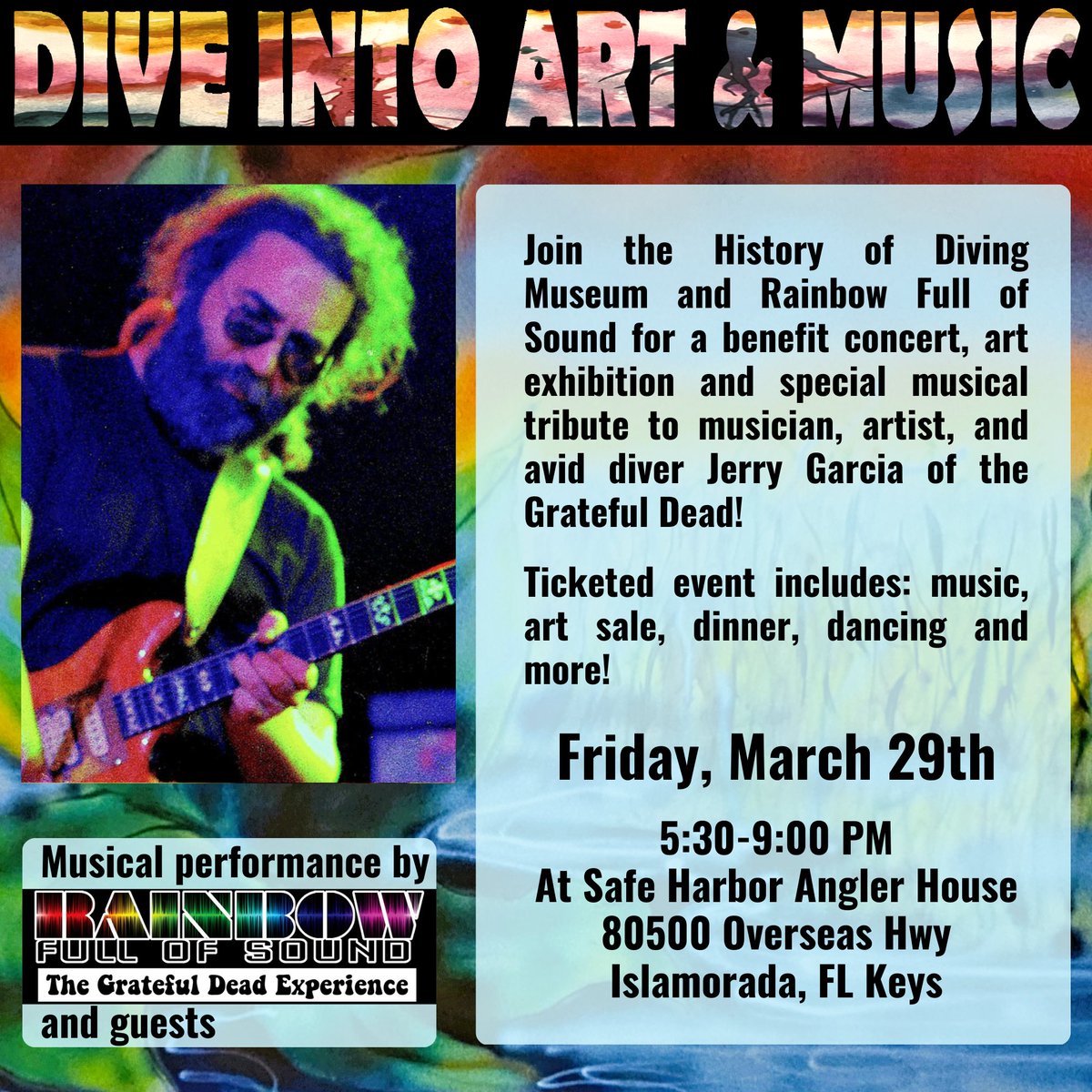 Join the History of Diving Museum and Rainbow Full of Sound on March 29th for a benefit concert, art exhibition and special musical tribute to musician, artist, and avid diver Jerry Garcia of the Grateful Dead! Tickets here: divingmuseum.org/product-catego…