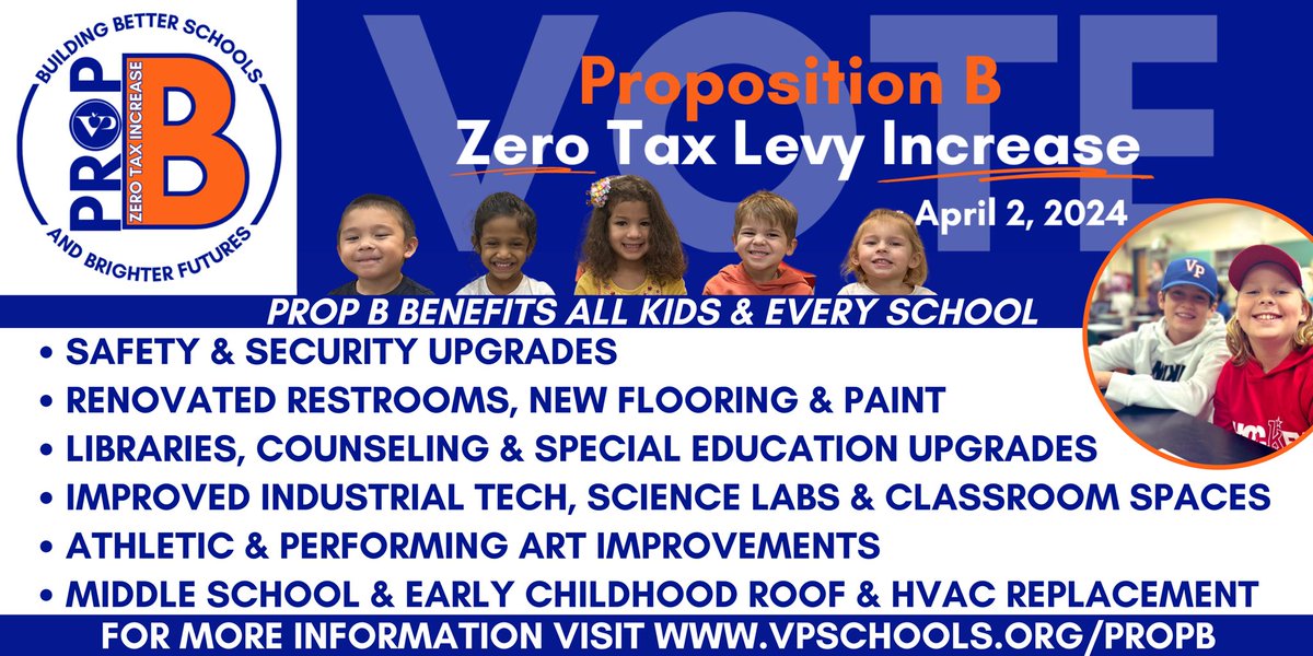 Our @ValleyParkSD students & teachers work hard and deserve safe, healthy & modern learning environments! Every classroom, Every school and Every student would benefit from targeted and needed improvements! Prop B is a ZERO tax increase bond issue.
