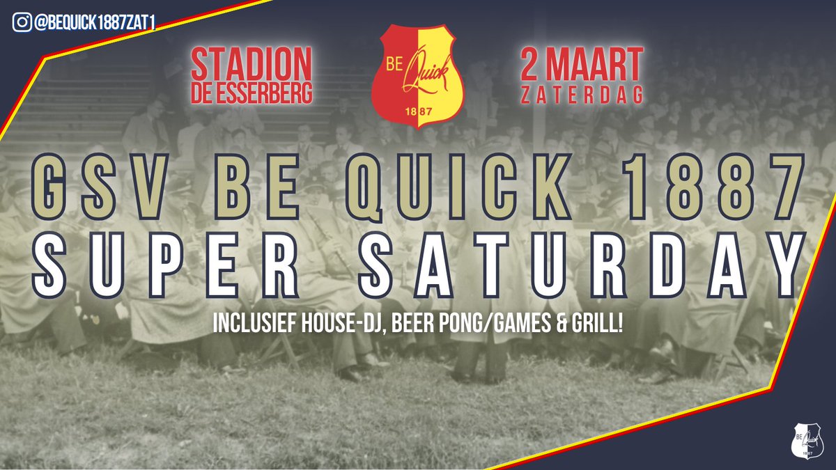 ⏳Nog maar één week en dan is het #SuperSaturday!

Vanaf 11:00 gaat het los!
Meerdere topwedstrijden zijn er te bewonderen met onder andere om 16:15 <a href="/bq1887/">GSV Be Quick 1887</a> tegen <a href="/vvDETO/">DETO</a> en een kraker om 19:00 tussen #BeQuick1887 Zaterdag 1 en <a href="/vvzuidhorn/">vv Zuidhorn</a>!

Zaterdag 2 maart, Stadion de Esserberg
