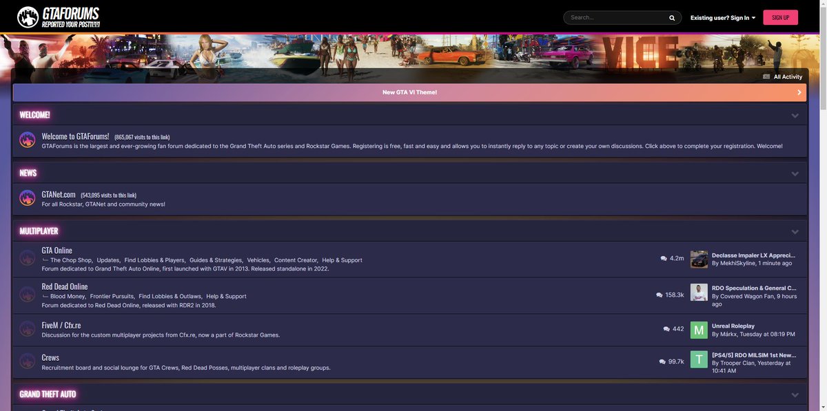 GTAForums's tweet image. Dazzle your retinas in the neon-filled streets of Vice City, Leonida with our brand-new #GTAVI-inspired theme on the forums!
Available for everyone, including y'all lurkers! Just choose it at the bottom of the page, or visit the GTA VI section.
gtaforums.com