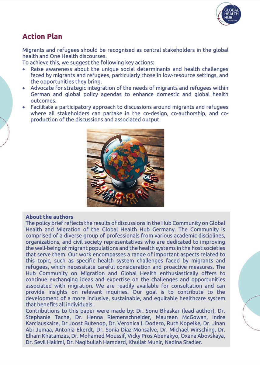 DrSonuBhaskar's tweet photo. (2/3) Action Plan: To recognise migrants and refugees as central stakeholders in global health and the One Health discourse, we suggest the following key actions:

1. Raise awareness about the unique social determinants and health challenges faced by migrants and refugees, particularly those in low-resource settings, and the opportunities they bring.

2. Advocate for strategic integration of the needs of migrants and refugees within German and global policy agendas to enhance domestic and global health outcomes.

3. Facilitate a participatory approach to discussions around migrants and refugees where all stakeholders can partake in the co-design, co-authorship, and co-production of the discussions and associated outputs.

#GlobalHealth #Migration #PolicyBrief #EquitableHealthcare #MigrantsRights #Equity #Access