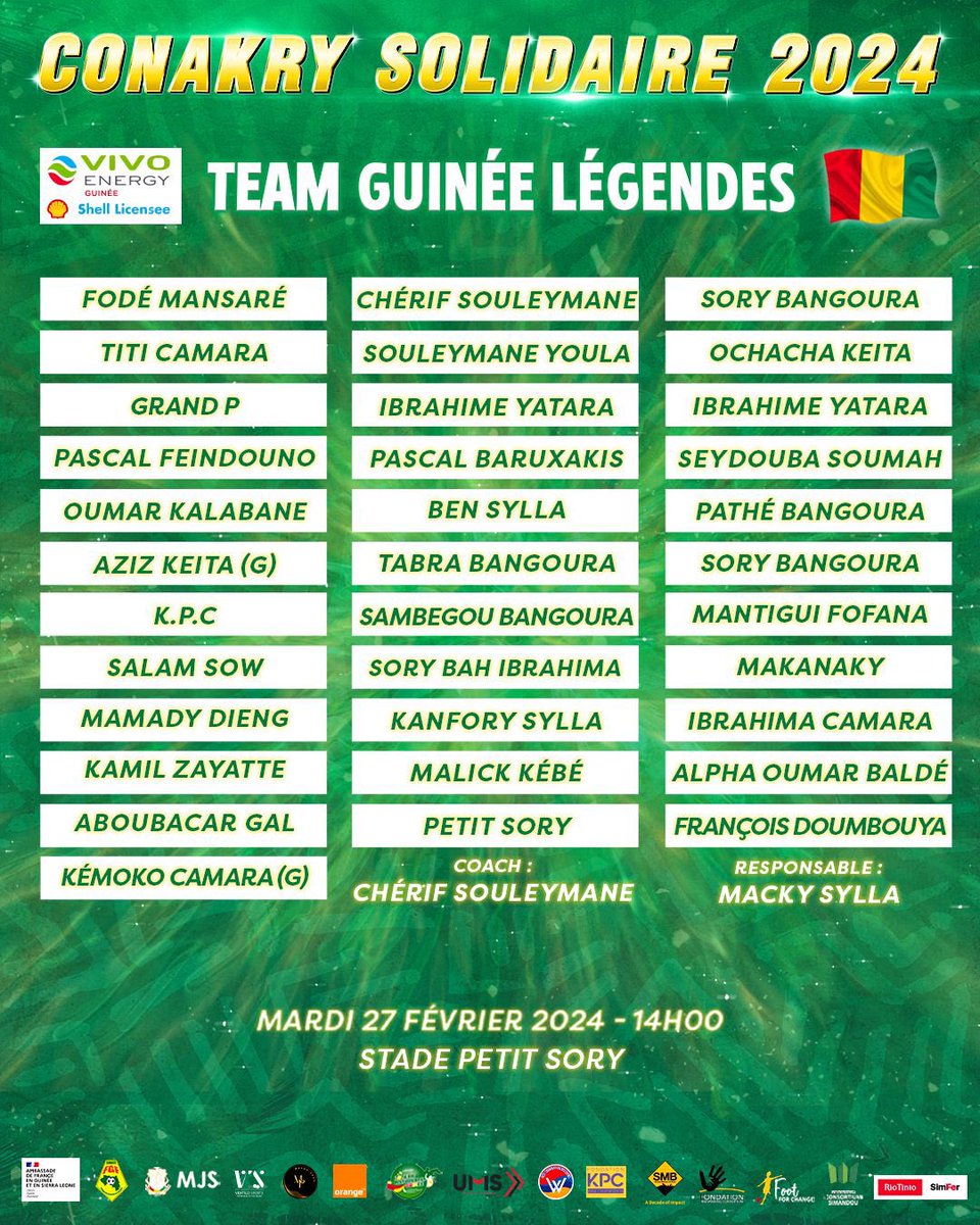 🤩 LES GROUPES 👉 Voici les joueurs de la Team @VarietesCF et de la Team Guinée Légendes 🇬🇳 qui seront à Conakry ce mardi 27 février au stade Petit Sory pour le Match de Gala au profit des enfants atteints d’albinisme ! ✨Des Légendes présentes pour la bonne cause✨