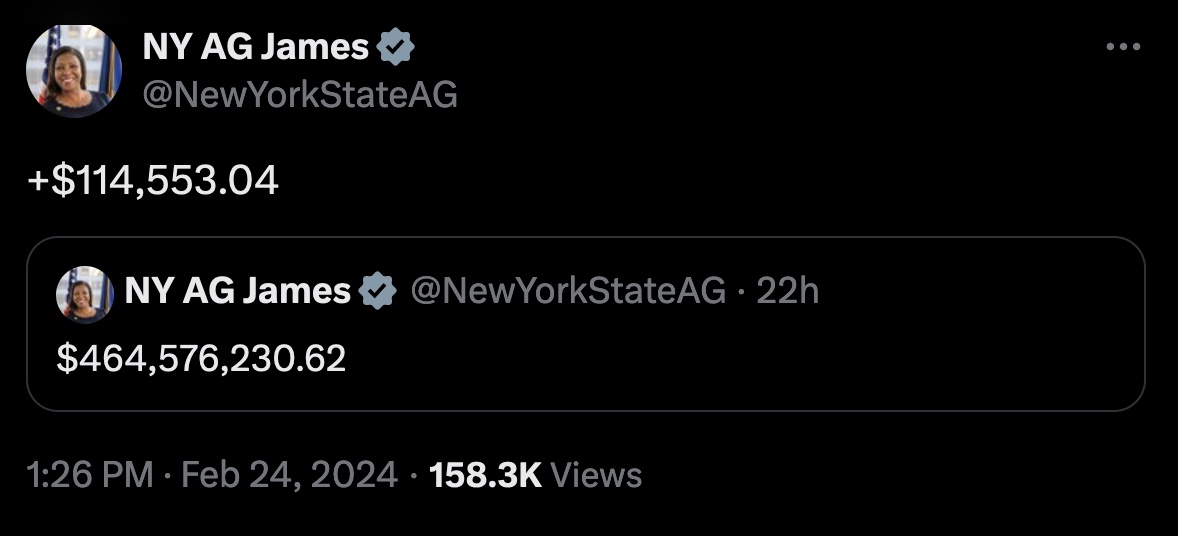 I am so fucking here for Letitia James live-tweeting the ever-increasing interest on what Donald Trump owes to the state of New York