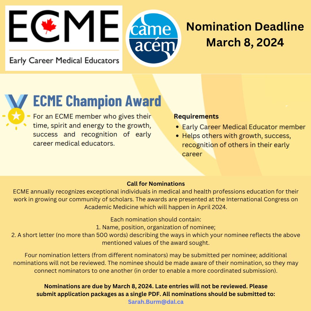 Have you submitted a nomination yet for the 2024 ECME Champion Award? If not, there is still time to do so! The deadline is March 8, 2024! #MedEd