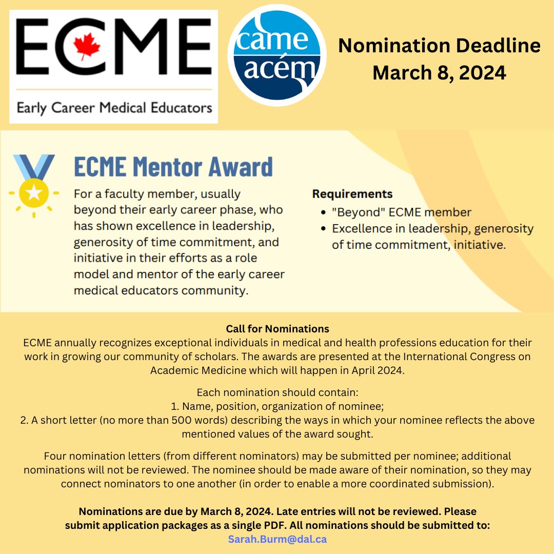 Have you submitted a nomination yet for the 2024 ECME Mentor Award? If not, there is still time to do so! The deadline is March 8, 2024! #MedEd