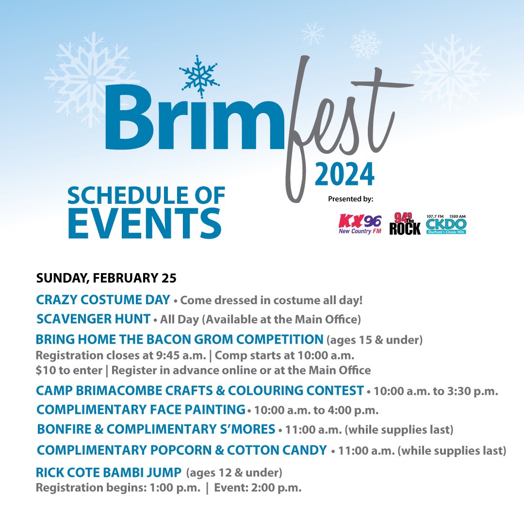It’s DAY 1 of BRIMFEST presented by KX96 FM, 94.9 The Rock &amp; CKDO and we have tons of activities, contests, giveaways and more planned for today and Sunday! ❄️

You won’t want to miss this weekend-long celebration on the slopes!

View our full schedule ➡️ bit.ly/brimfest2024