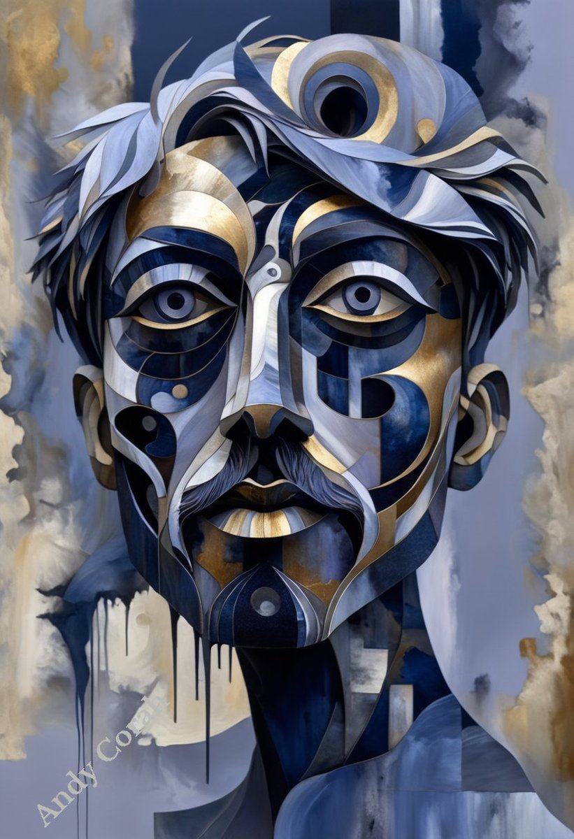 andy_corah's tweet photo. From #fearing #puppets, back in the #beforetime! my weird #aigenerated, #avantgarde #painting. Blending modernity with timeless #elegance.A #sophisticated #palette, entwining azure #blues, lavender #grays, and burnished #gold. #Abstract #nft #aiart #art #ai #digitalart #aiartwork https://t.co/WfNT9liT2J
