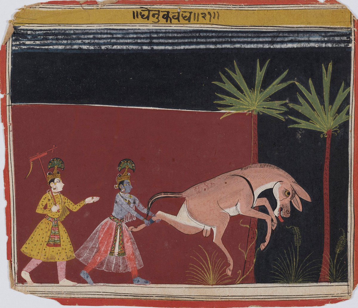 ssharadmohhan's tweet image. Donkey Demon Dhenuka attacks Lord #Krishna &amp;amp; His brother Balram

From a c1650 CE Bhagavata Puran (gift of Eva &amp;amp; Konrad Seitz) from #Datia Bundelkhand on view till 24 March at Museum Rietberg's exhibition 'Young Krishna: The Adventures of an Indian God'

@DalrympleWill @dpanikkar