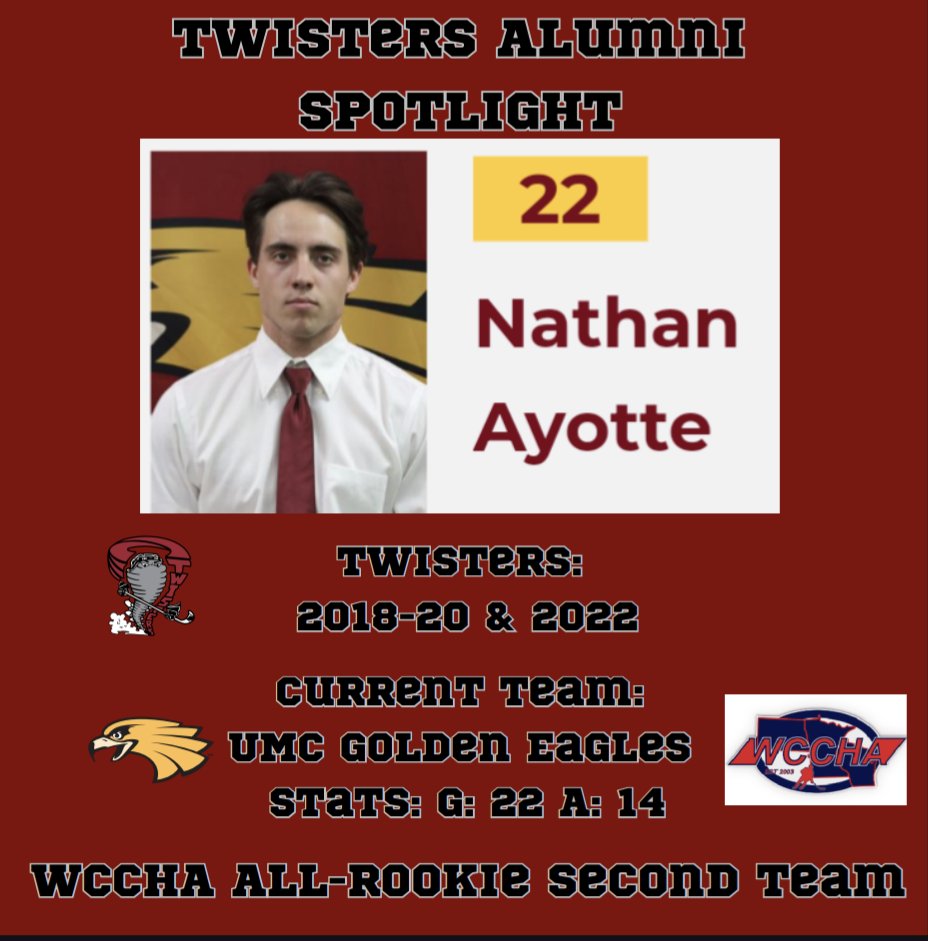 Congratulations to Twisters alumni Nathan Ayotte for being named to the WCCHA All-Rookie Second Team! 
Ayotte is currently playing for  @UMC_ClubHockey. He finished his rookie season with 22 goals and 14 assists. 
Ayotte played in 55 games for the Twisters in 2018-20 & 2022.