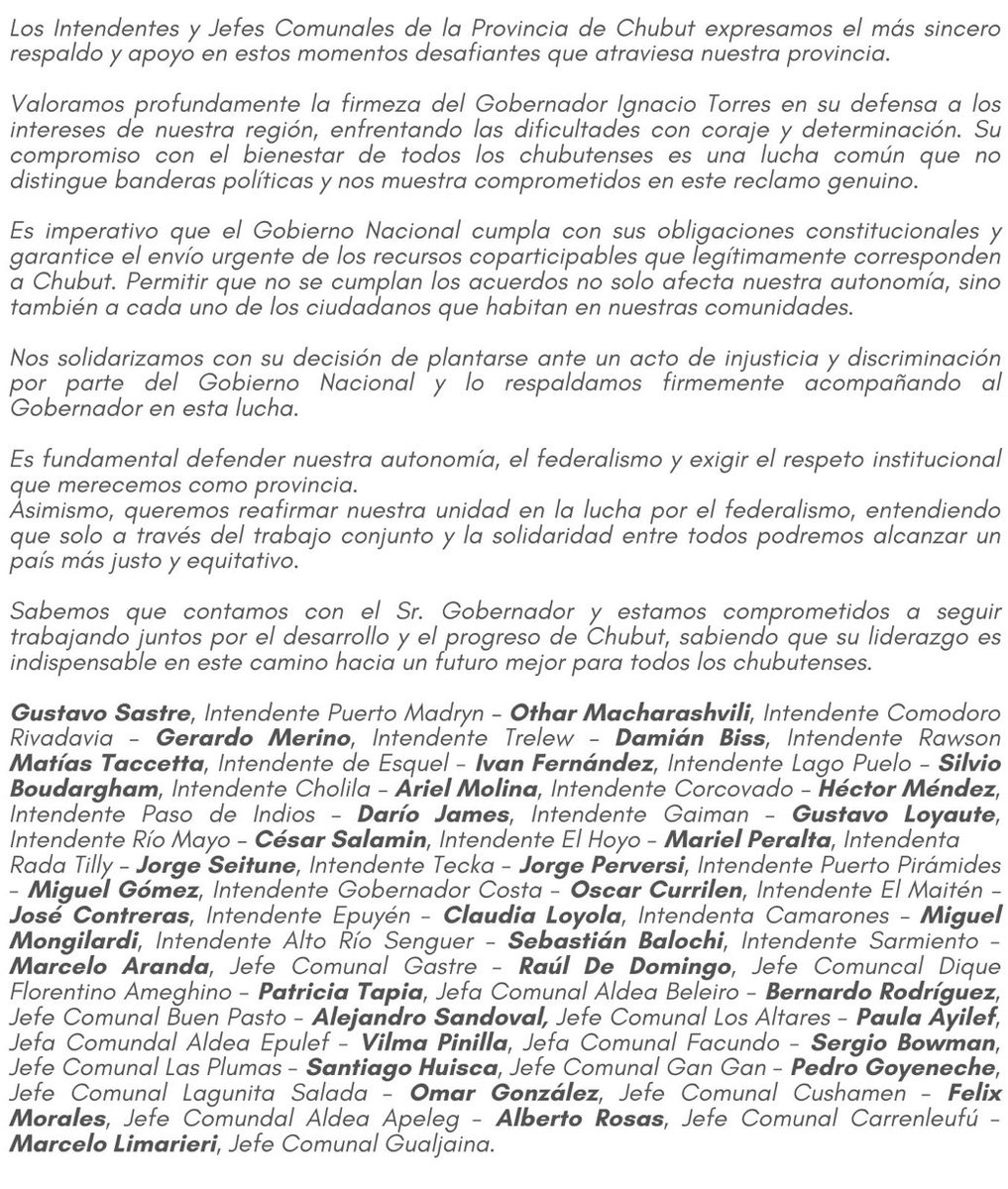 Intendentes y jefes comunales de #Chubut  manifestaron su apoyo al gobernador <a href="/NachoTorresCH/">Nacho Torres</a> en la defensa de los intereses de la Provincia y la región.