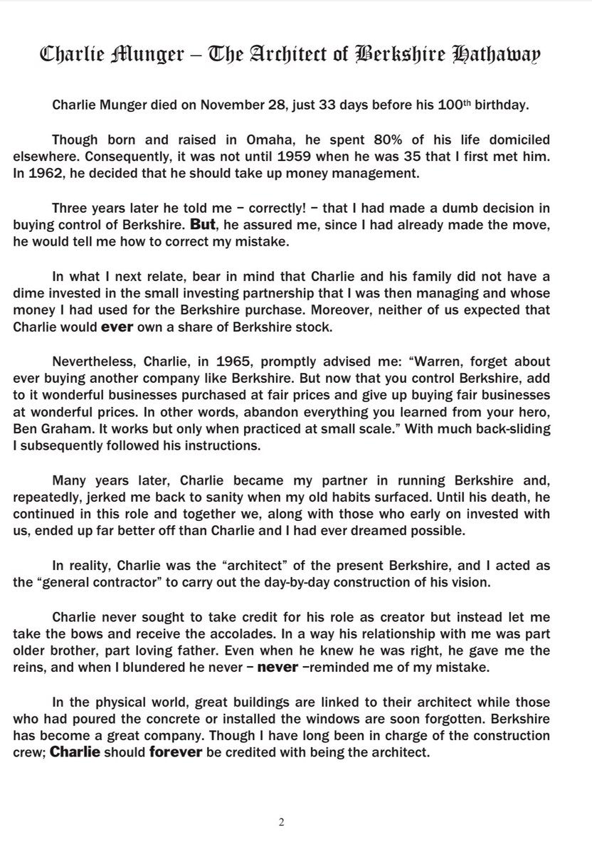De jaarlijkse brief aan aandeelhouders van Berkshire begint dit jaar met een prachtig eerbetoon aan Charlie Munger #buffett