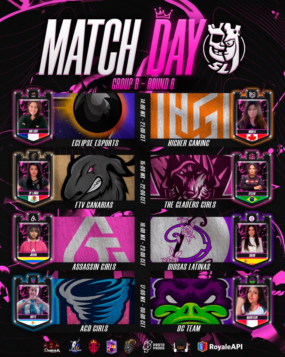 🟣 𝐌𝐀𝐓𝐂𝐇𝐃𝐀𝐘 - 𝐑𝐎𝐔𝐍𝐃 𝟔 👩🏻‍🎤
🔸 𝐆𝐫𝐨𝐮𝐩 𝐁:
📆: 24/02

¡PENÚLTIMA RONDA! Cada vez más cerca de pisar los PlayOffs los equipos se juegan la vida por su clasificación y las oportunidad son mínimas. ¡NO SE LO PUEDEN PERDER 🔥! 

🇫🇷 @Eclipse_esCR 🆚 @HigherGamingEU 🇩🇪
