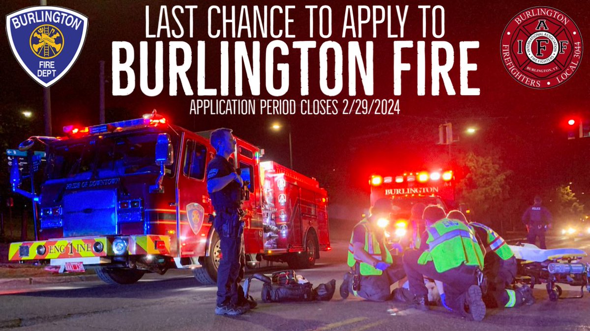 Application period ends 2/29/2024! No previous fire experience required! Only requirements are a high school diploma or equivalent, EMT license, valid driver’s license and valid CPAT certification or the ability to obtain a CPAT certification by May 6th.

burlingtonvt.gov/Fire/Employment