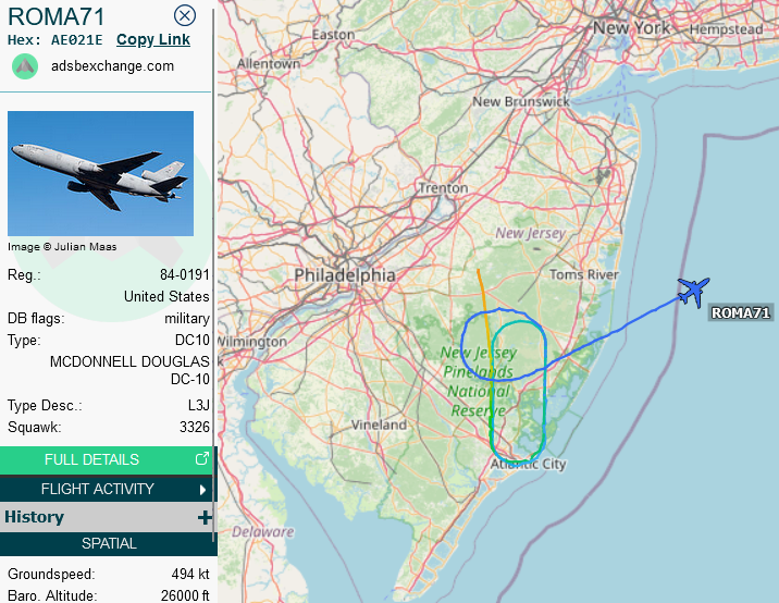 SirListenalot's tweet image. #KC10 #AE021E #ROMA71 out of McGuire for Mildenhall picked up four "AV" #F16's #TREND21-24 out of Andrews bound for Spangdahlem ~0825z. Meanwhile Roma71 flight is over the UK