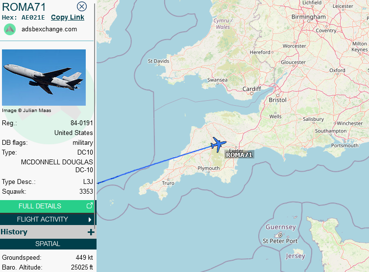 SirListenalot's tweet image. #KC10 #AE021E #ROMA71 out of McGuire for Mildenhall picked up four "AV" #F16's #TREND21-24 out of Andrews bound for Spangdahlem ~0825z. Meanwhile Roma71 flight is over the UK