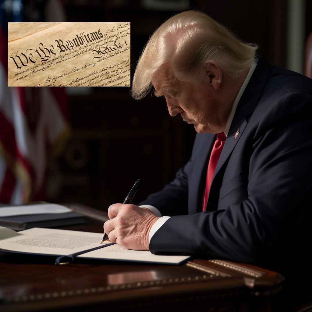 JustVent6's tweet photo. #WPTblue #DemVoice1
🚨 Don’t let this happen folks!
MAGA Trumpism Constitution of the United States.
Article I -Section 1
All legislative Powers herein granted shall be vested in Donald Trump, Melania Trump, Eric Trump, Don Jr. Laura Trump, Kimberly Guilfoyle and Fox News. https://t.co/LVJfQc9kRl