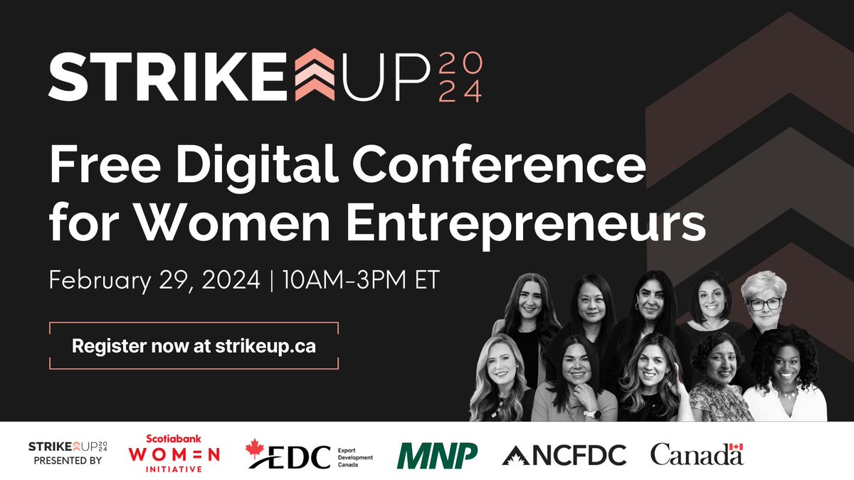 StrikeupCanada's tweet image. The #StrikeUP 2024 digital conference is almost here! ⏰ Join us on Feb 29th for a FREE one-day event for #womenentrepreneurs! Expand your knowledge, make valuable connections, find mentors &amp;amp; discover programs tailored to your business needs. Register at strikeup.ca