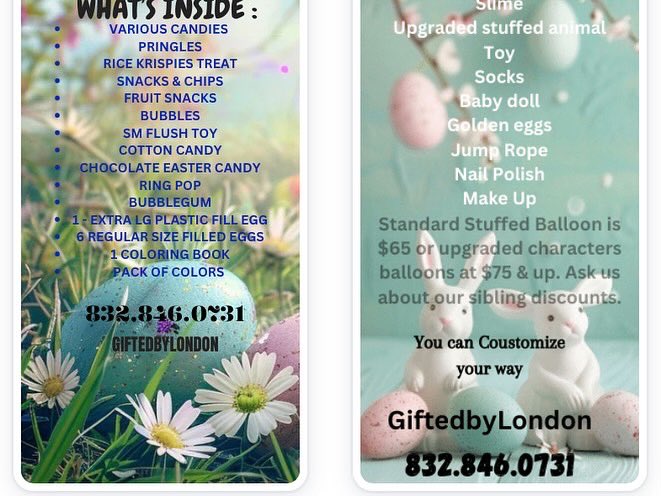 DrLondonBanks2's tweet photo. @everyone
Easter 🐣 
Pre- Order is now open ; all pre-orders placed before March 7th. 
Receive‘s;  free personalization  ($15 value) Teenager and adult friendly baskets Options are also available.
Character balloons are available @ and additional fee. 
GiftedbyLondon
832.846.0731 https://t.co/hhNB8Uni4u