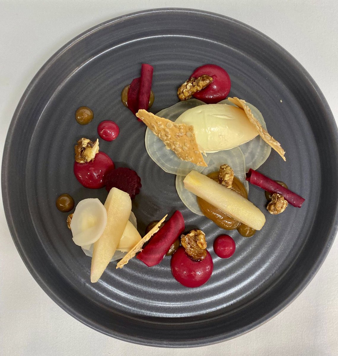 Dining at The Strawberry Tree… tonight’s Wild Woodruff Ricotta, Beetroot, Pear, Walnut #TheStrawberryTree #BrookLodge #OrganicRestaurant #MacreddinVillage #Wicklow #OrganicTrust #MacreddinGreen #DiningOut