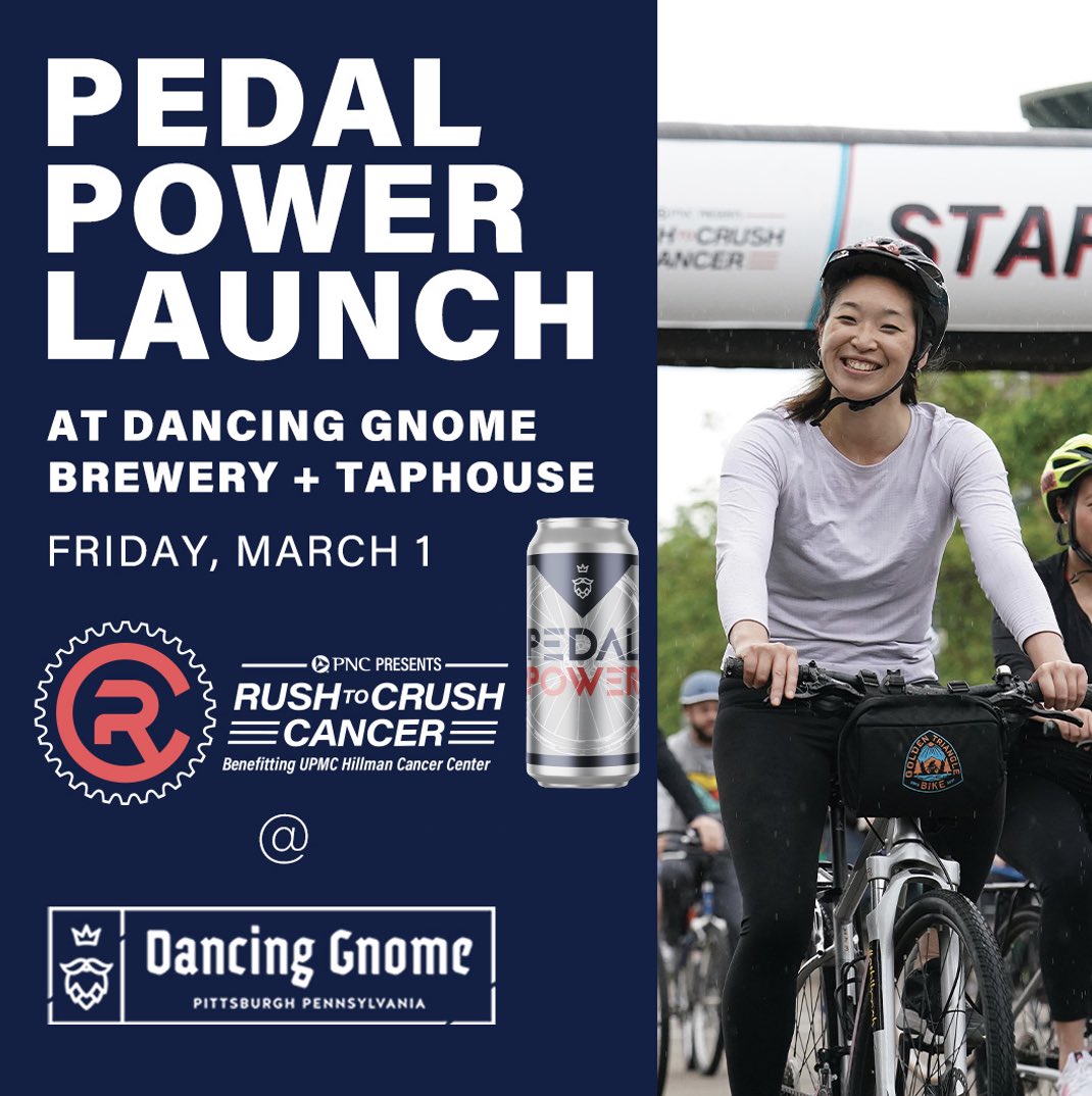Gear up for Rush to Crush Cancer with our Pedal Power Launch event on Friday, March 1, 5:30pm @DG_Beer Join us as we unveil a collaboration that will help us crush cancer. Proceeds from Pedal Power, a nice hazy IPA will benefit Rush to Crush Cancer. #Jointheride #crushcancer
