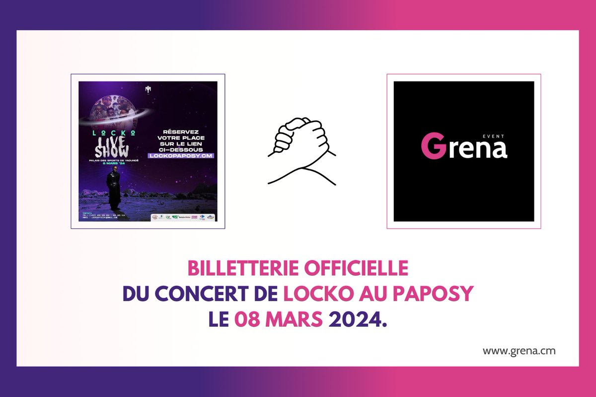 Smartwork_cm's tweet photo. 💥Nous sommes très ravis ce jour !🎉 @GrenaEvent, l'une des start-ups de notre espace de coworking, a été sélectionnée comme billetterie en ligne officielle du concert de Locko au Paposy, ce 08/03/2024.
Lien d'achat de  ticket ici👉https://t.co/QDxsVDDm9Y
#concertlocko #startup https://t.co/LH7iilFPHj