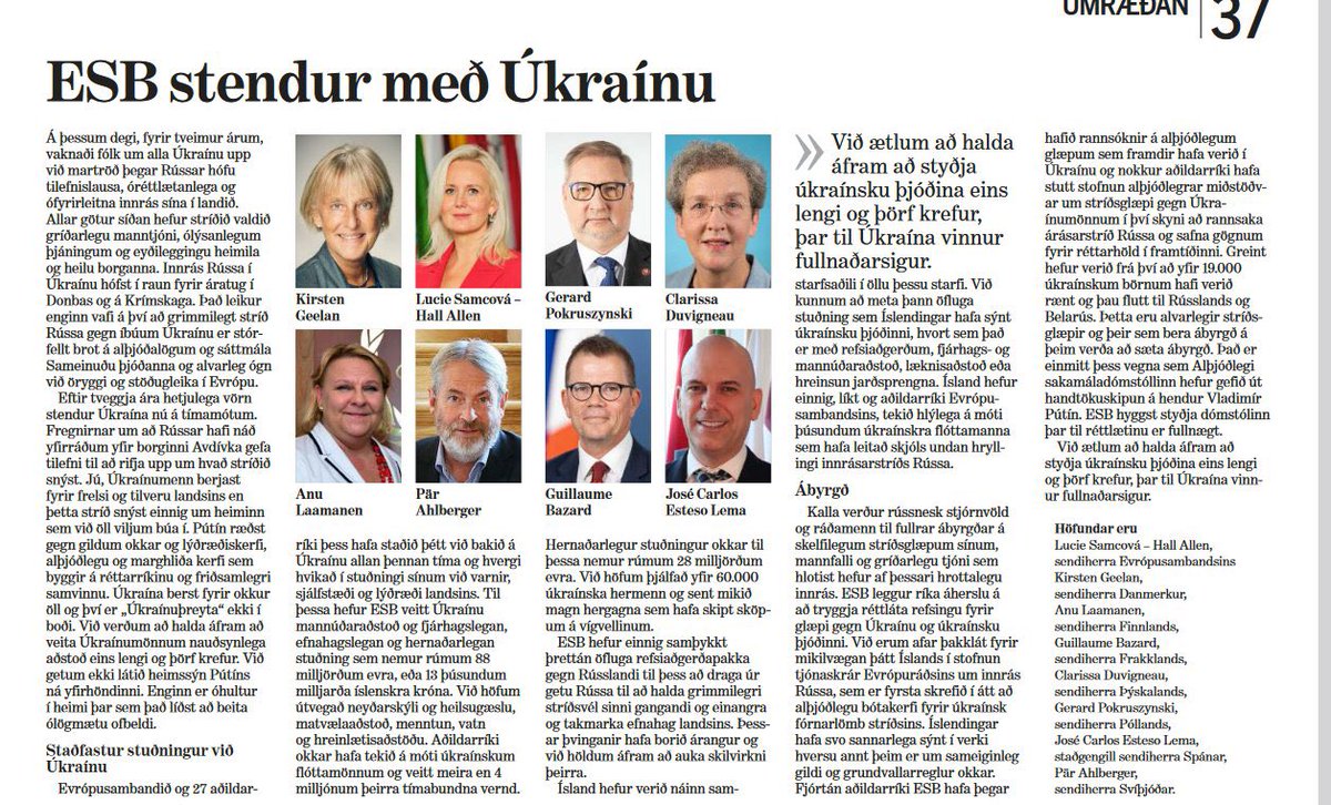 Two years ago, Russian troops started a full-scale invasion of Ukraine. We do more than just remember. We have stood by Ukraine’s side since then, and will do so for as long as it takes. Today’s article, co-signed by fellow EU MS Ambassadors, on mbl.is.