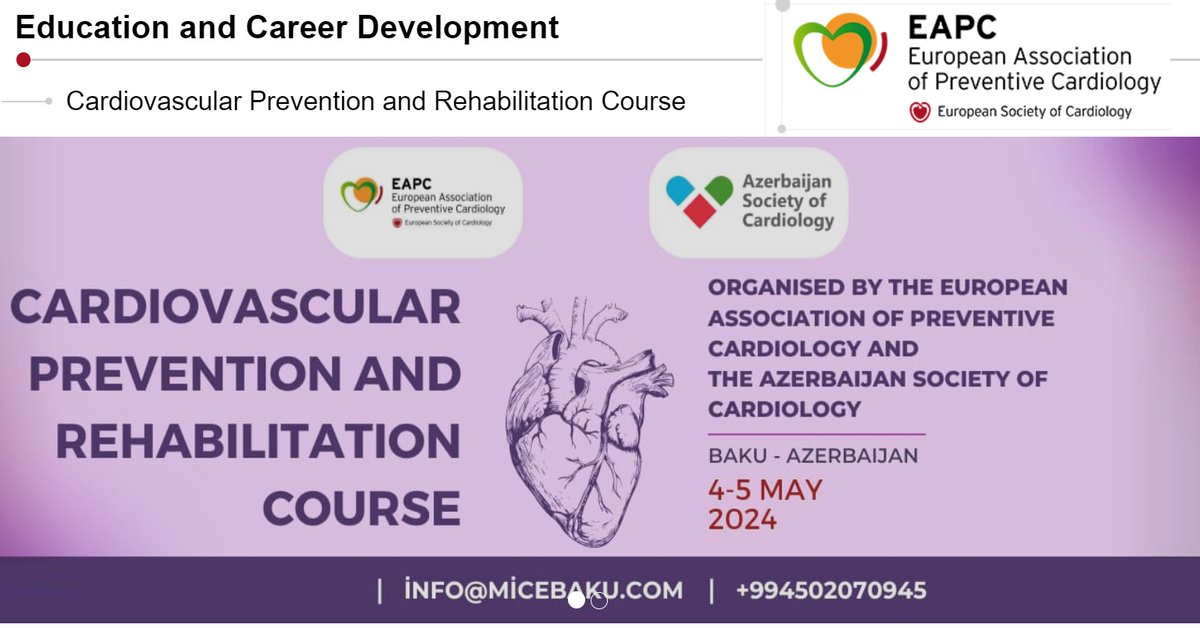 Francesco Perone (@peronefrancesco) on Twitter photo 📢 EAPC News!
EAPC and the Azerbaijan Society of Cardiology are pleased to announce: "Cardiovascular Prevention and Rehabilitation Course" 🔥
➡️ Baku, Azerbaijan / 4-5 May
<a href="/escardio/">European Society of Cardiology</a> <a href="/AzeCardiology/">Azerbaijan Society of Cardiology</a> <a href="/EAPCPresident/">EAPCPresident</a> <a href="/MichaelPapadak2/">Prof Michael Papadakis</a> <a href="/hansen_phd/">Dominique Hansen, PhD</a> <a href="/AboyansV/">Victor Aboyans</a> <a href="/m_piepoli/">Massimo Piepoli</a> <a href="/SilCastelletti/">Silvia Castelletti</a> 📢 EAPC News!
EAPC and the Azerbaijan Society of Cardiology are pleased to announce: "Cardiovascular Prevention and Rehabilitation Course" 🔥
➡️ Baku, Azerbaijan / 4-5 May
<a href="/escardio/">European Society of Cardiology</a> <a href="/AzeCardiology/">Azerbaijan Society of Cardiology</a> <a href="/EAPCPresident/">EAPCPresident</a> <a href="/MichaelPapadak2/">Prof Michael Papadakis</a> <a href="/hansen_phd/">Dominique Hansen, PhD</a> <a href="/AboyansV/">Victor Aboyans</a> <a href="/m_piepoli/">Massimo Piepoli</a> <a href="/SilCastelletti/">Silvia Castelletti</a>