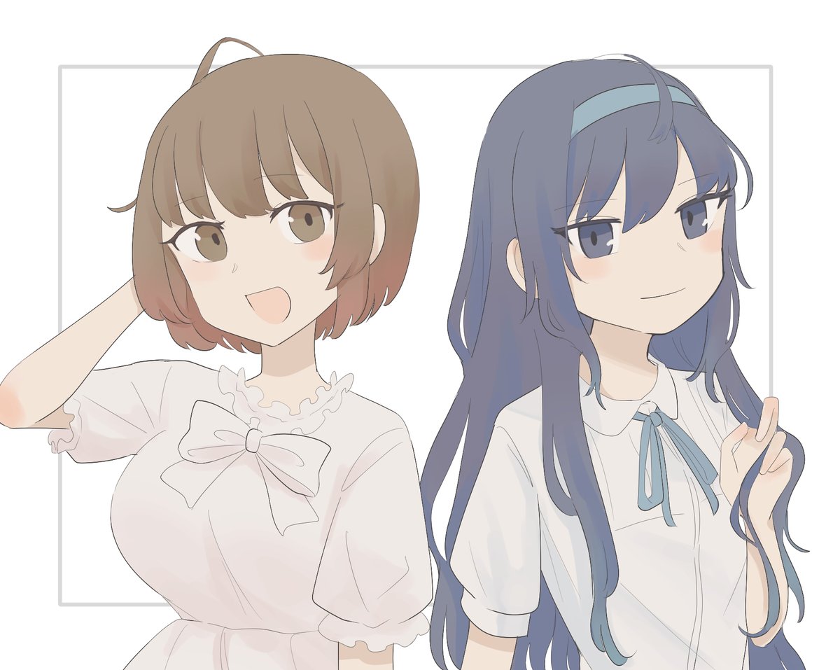 multiple girls 2girls brown hair long hair smile short sleeves white background  illustration images